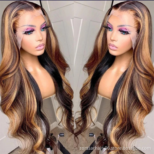 Wholesale brazilian body wave piano wig hd transparent lace front virgin human hair wigs honey blonde highlight lace front wig